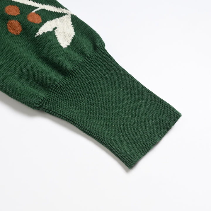 Pull vintage femme à motif renard de forêt et botanique en jacquard, avec boutons décoratifs