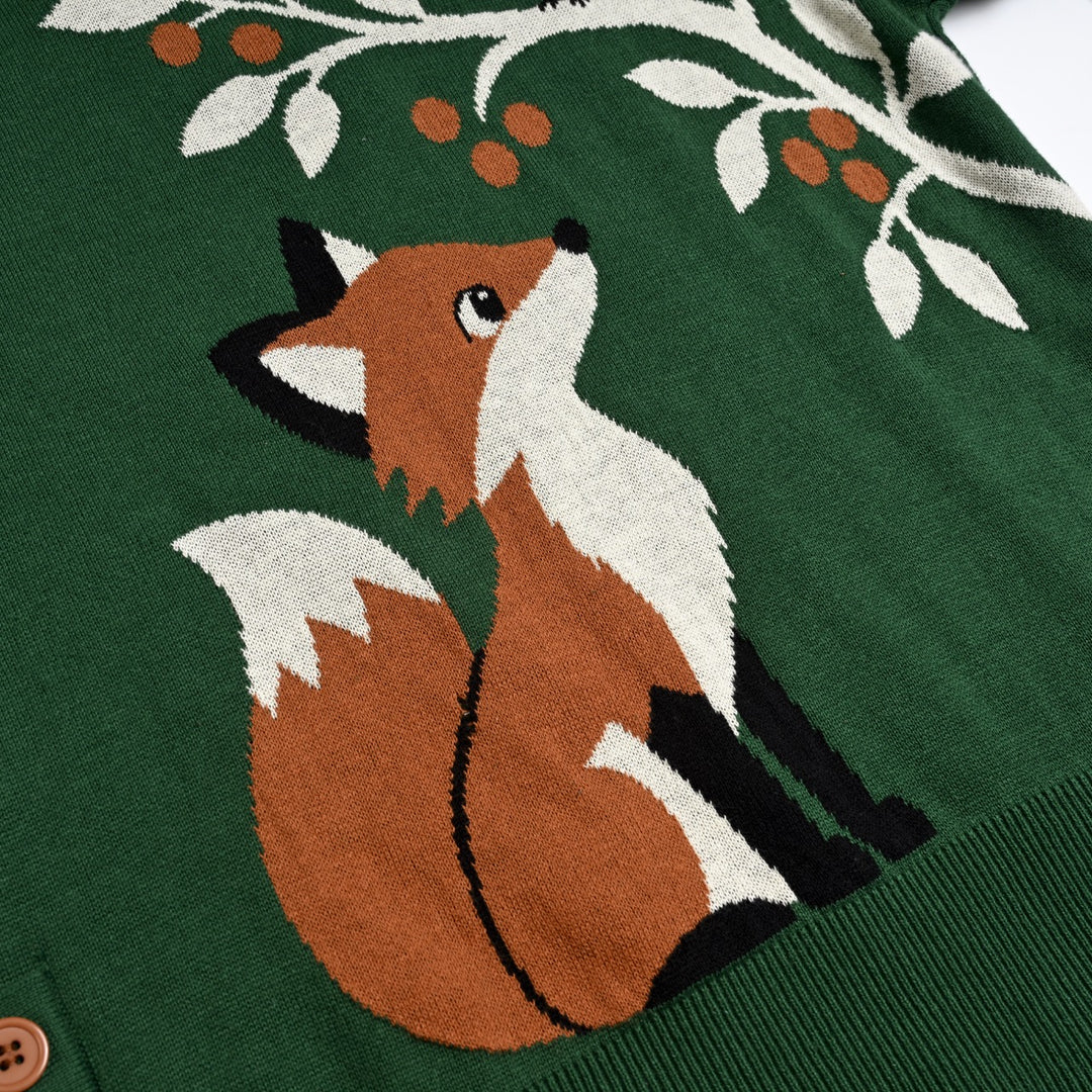 Pull vintage femme à motif renard de forêt et botanique en jacquard, avec boutons décoratifs