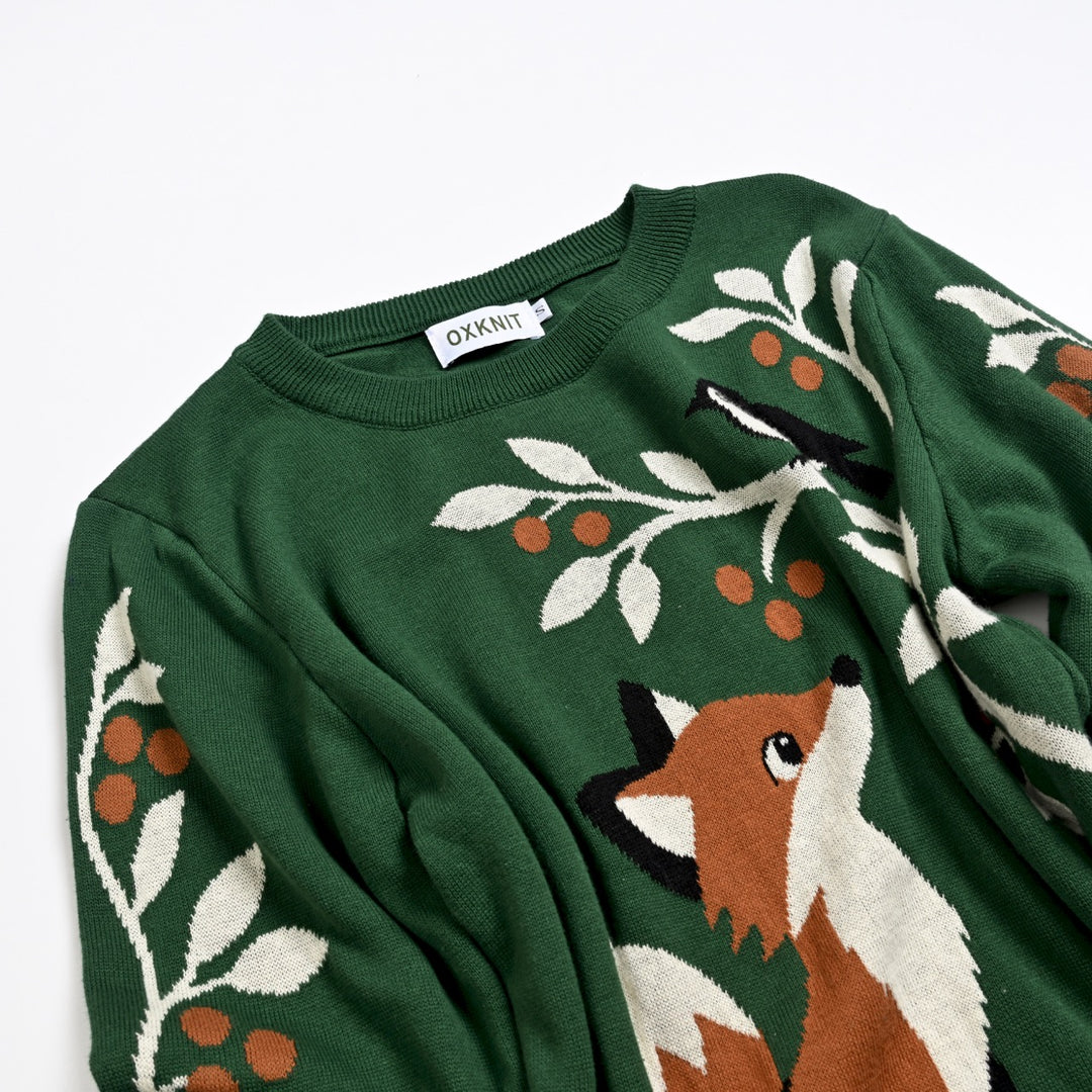 Pull vintage femme à motif renard de forêt et botanique en jacquard, avec boutons décoratifs