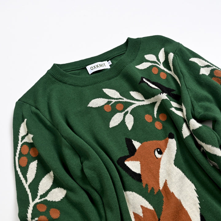 Pull vintage femme à motif renard de forêt et botanique en jacquard, avec boutons décoratifs