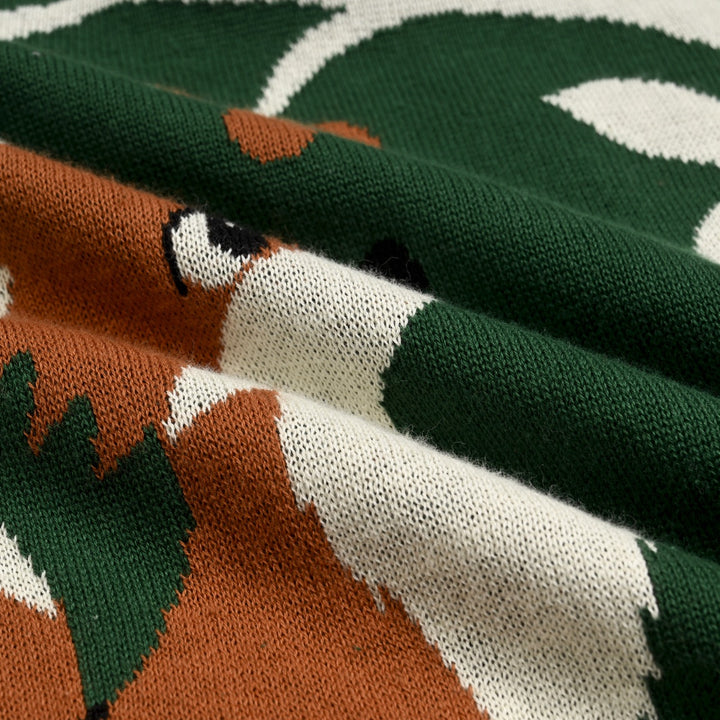 Pull vintage femme à motif renard de forêt et botanique en jacquard, avec boutons décoratifs