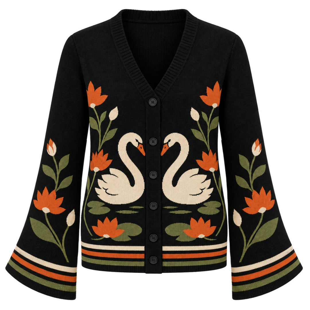 Malha Feminina Vintage com Morcego e Lua Crescente Jacquard
