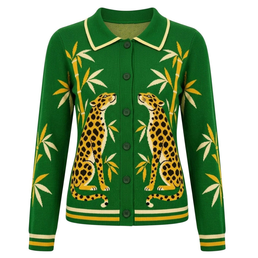 Cardigan de Malha Vintage Feminino com Bordado de Cactos e Planeta Verde