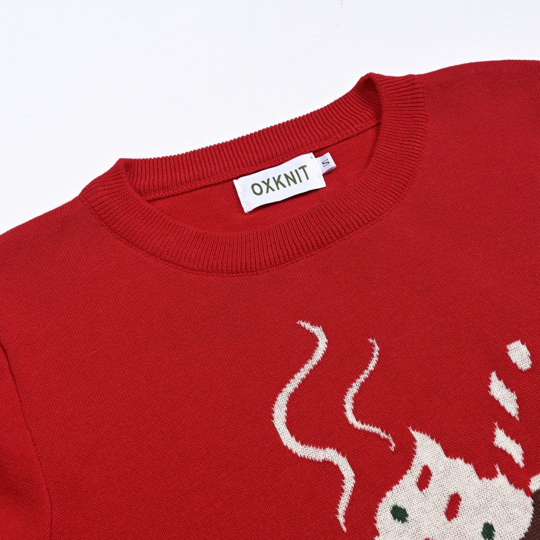 Women's Red Christmas Mug Jacquard Knit Sweater