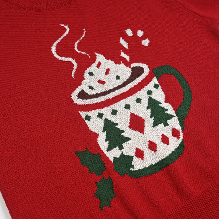 Women's Red Christmas Mug Jacquard Knit Sweater