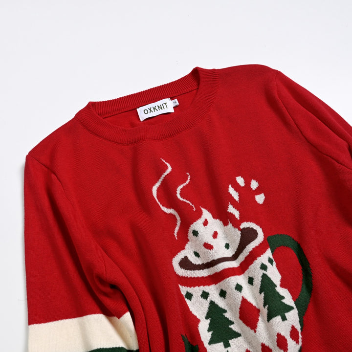 Women's Red Christmas Mug Jacquard Knit Sweater