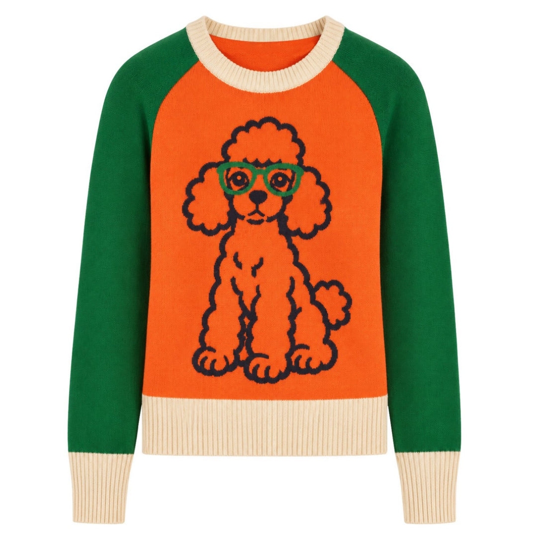 Pull jacquard vintage pour femme avec motif caniche, style streetwear