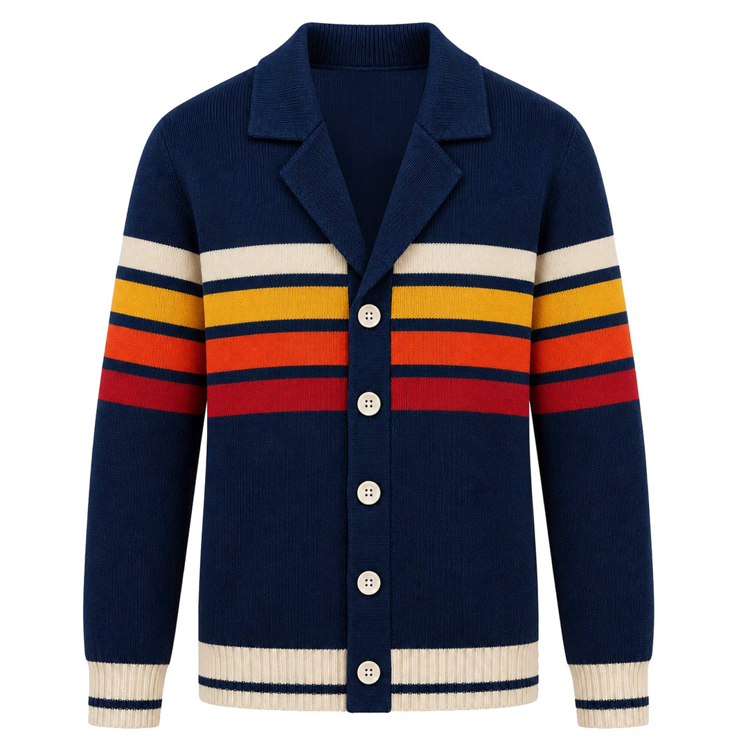 Men's Navy Blue Vintage-Style Striped Jacquard Knit Cardigan