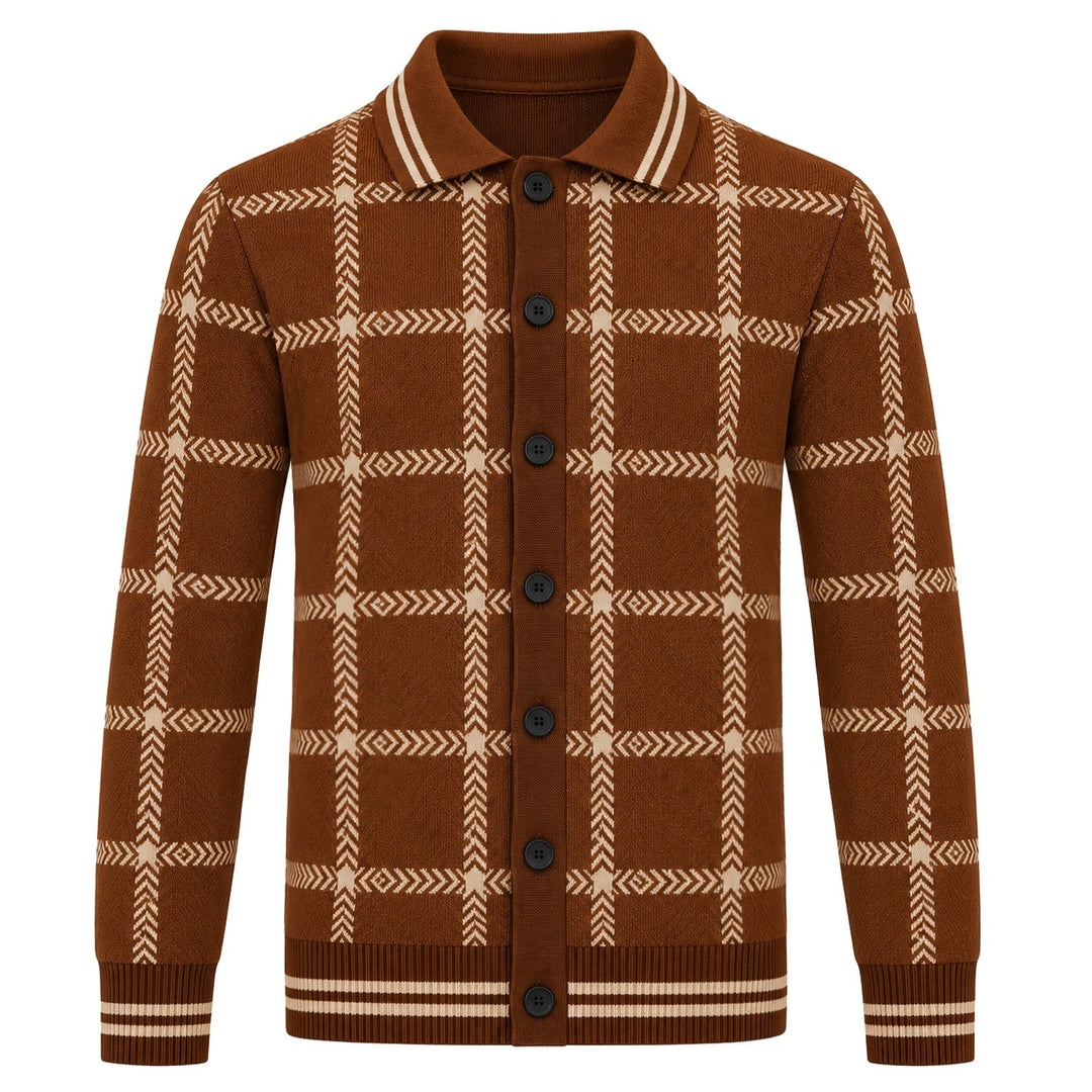 Men's Vintage Plaid and Stripe Jacquard Knit Cardigan