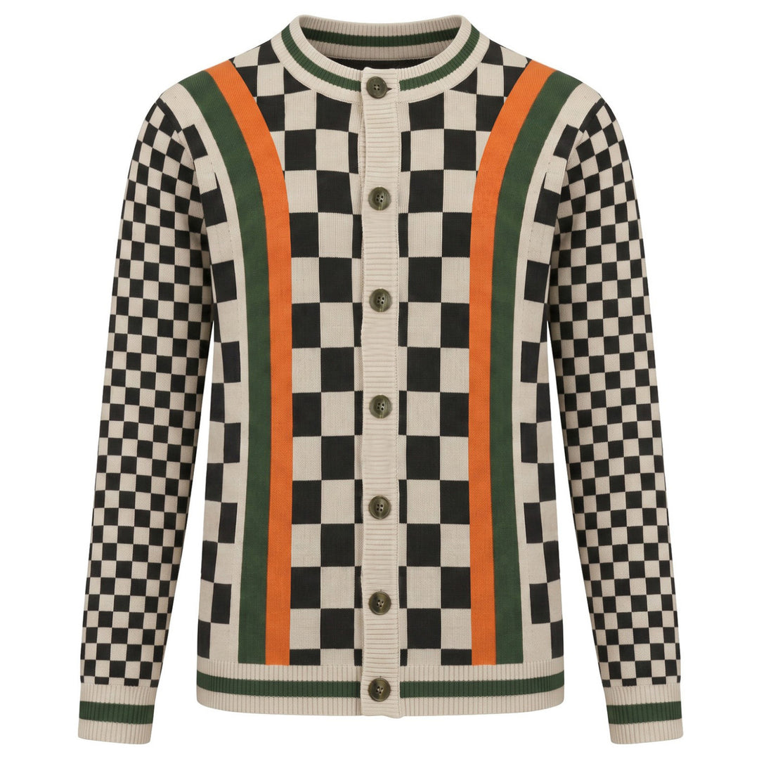 Cardigan da uomo vintage marrone classico a quadri in maglia jacquard