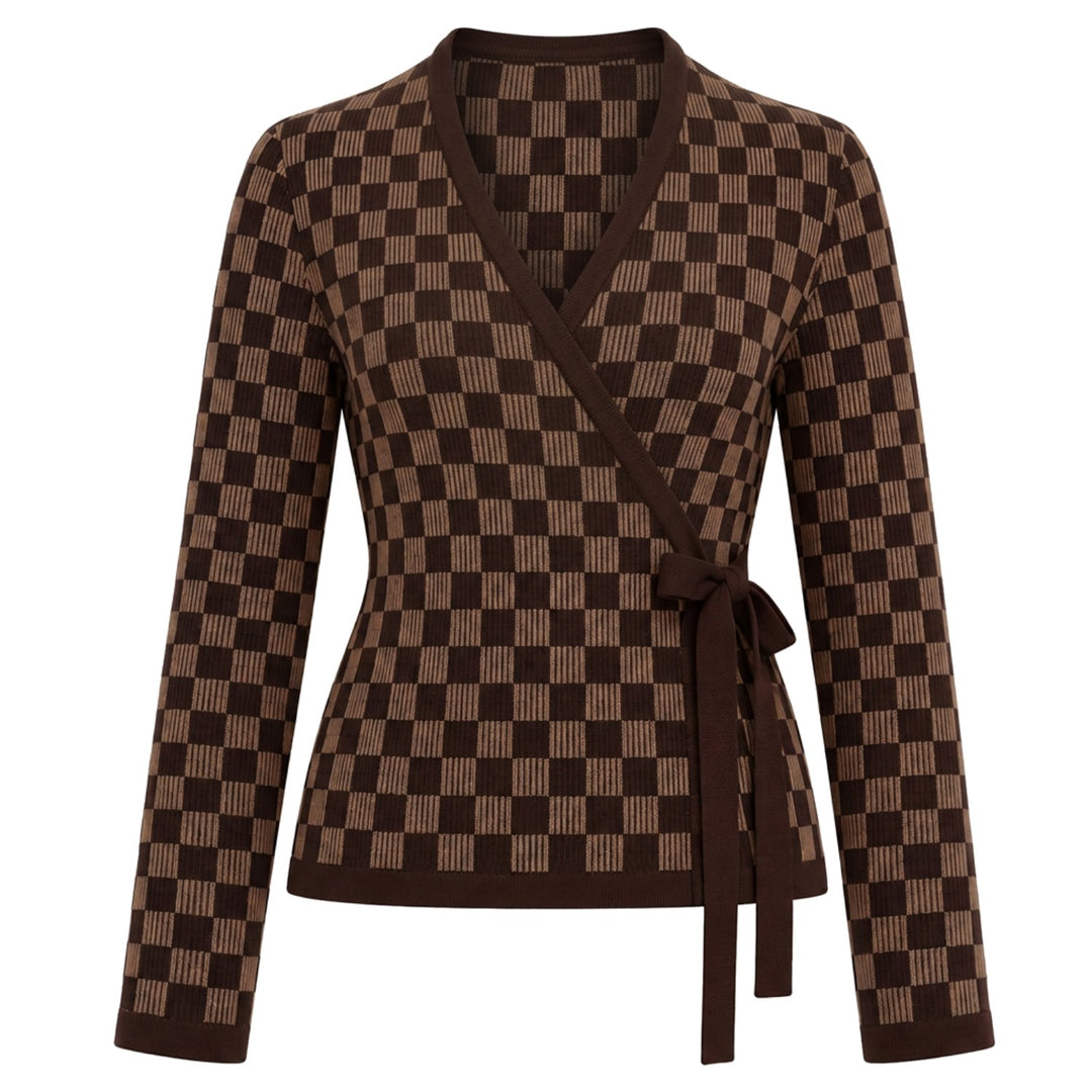 Women's Brown Vintage Checkerboard Geometric Jacquard Knit Cardigan