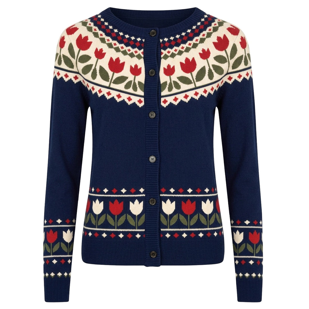 Women's Dark Blue Vintage Nordic Jacquard Knit Cardigan
