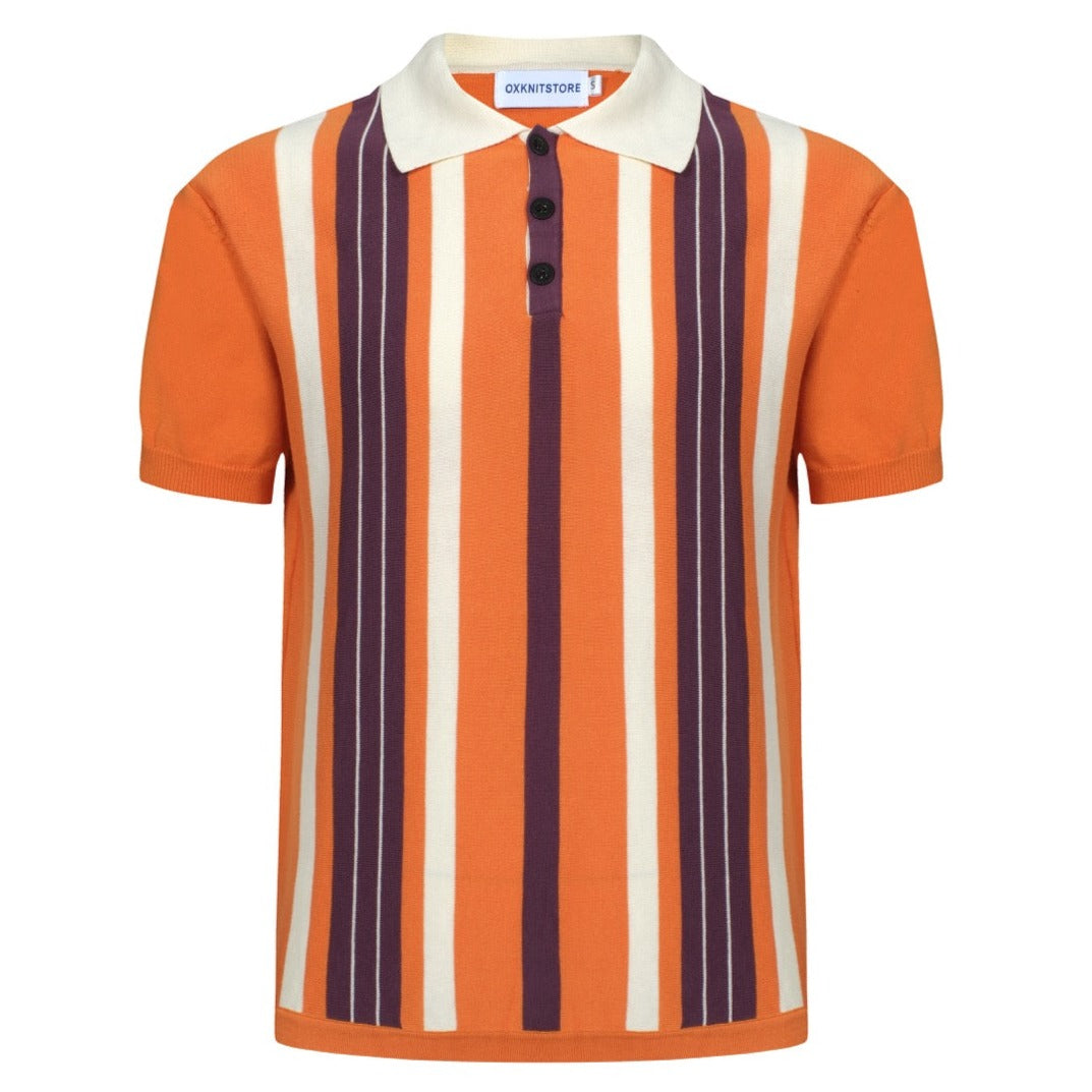 Oxknit Men Vintage Clothing Casual 1960s Mod Style Stripe Orange Knitted Retro Polo Shirt