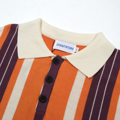 Oxknit Men Vintage Clothing Casual 1960s Mod Style Stripe Orange Knitted Retro Polo Shirt