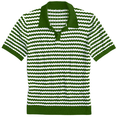 Men's Green Knitted Polo With Geometric Pattern Jacquard Panel