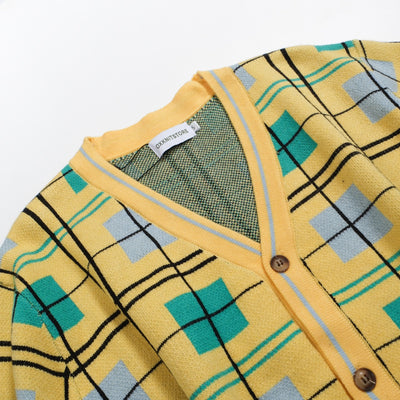 Men's Yellow 70s Grid Check Retro Cardigan