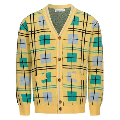 Men's Yellow 70s Grid Check Retro Cardigan