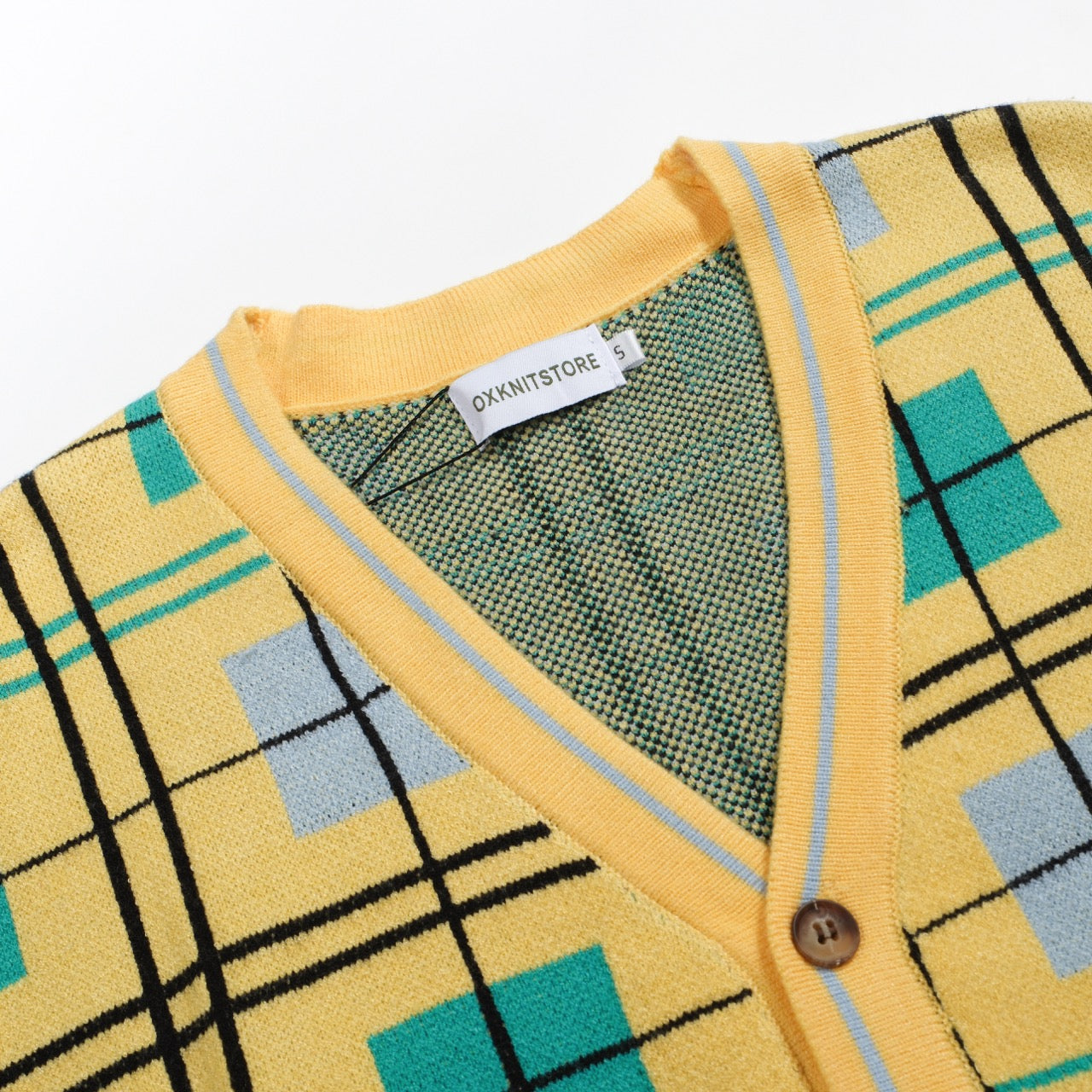 Men's Yellow 70s Grid Check Retro Cardigan