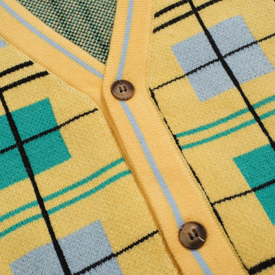 Men's Yellow 70s Grid Check Retro Cardigan