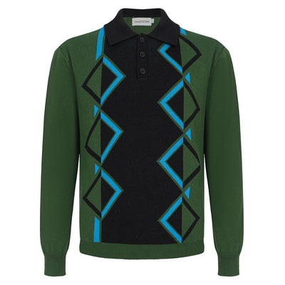 Men's Green Retro Square Contrast Color Knit Polo