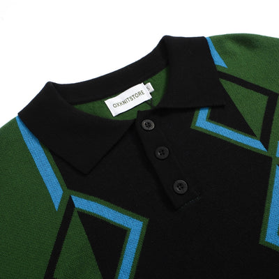 Men's Green Retro Square Contrast Color Knit Polo