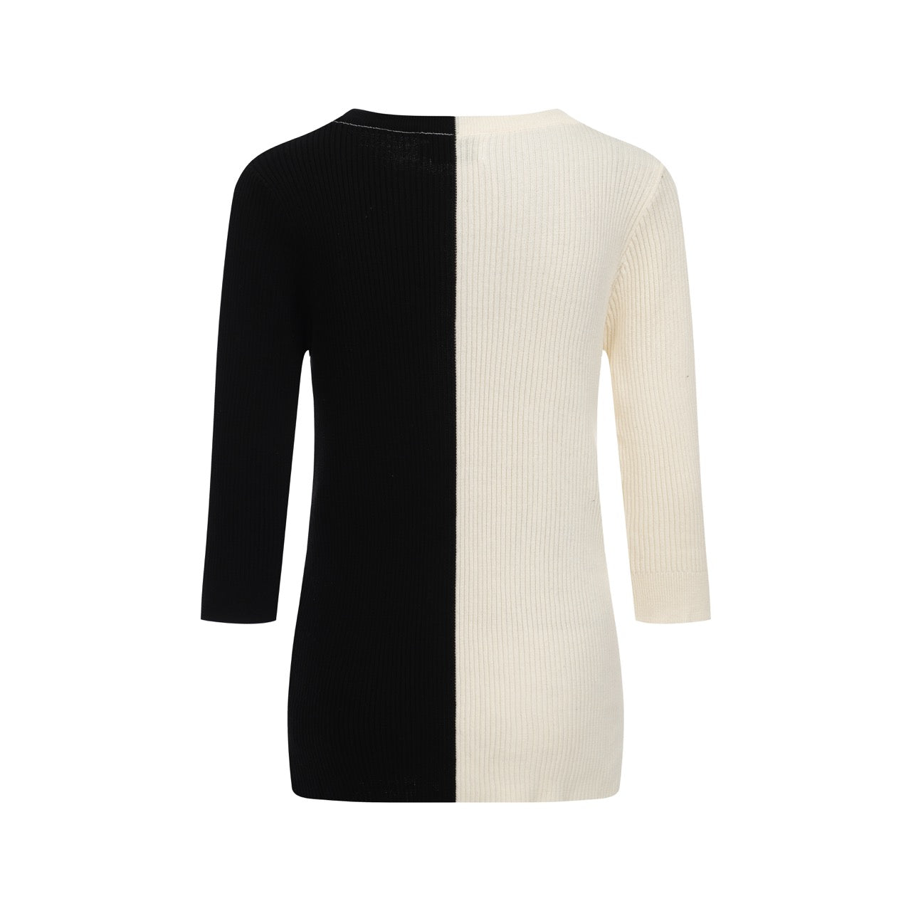 Women's Black&White Contrast Elbow-length Sleeve Knitted T-shirt