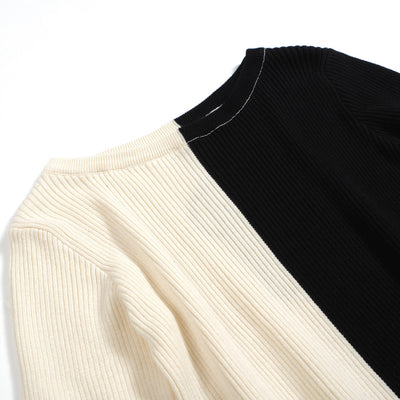 Women's Black&White Contrast Elbow-length Sleeve Knitted T-shirt