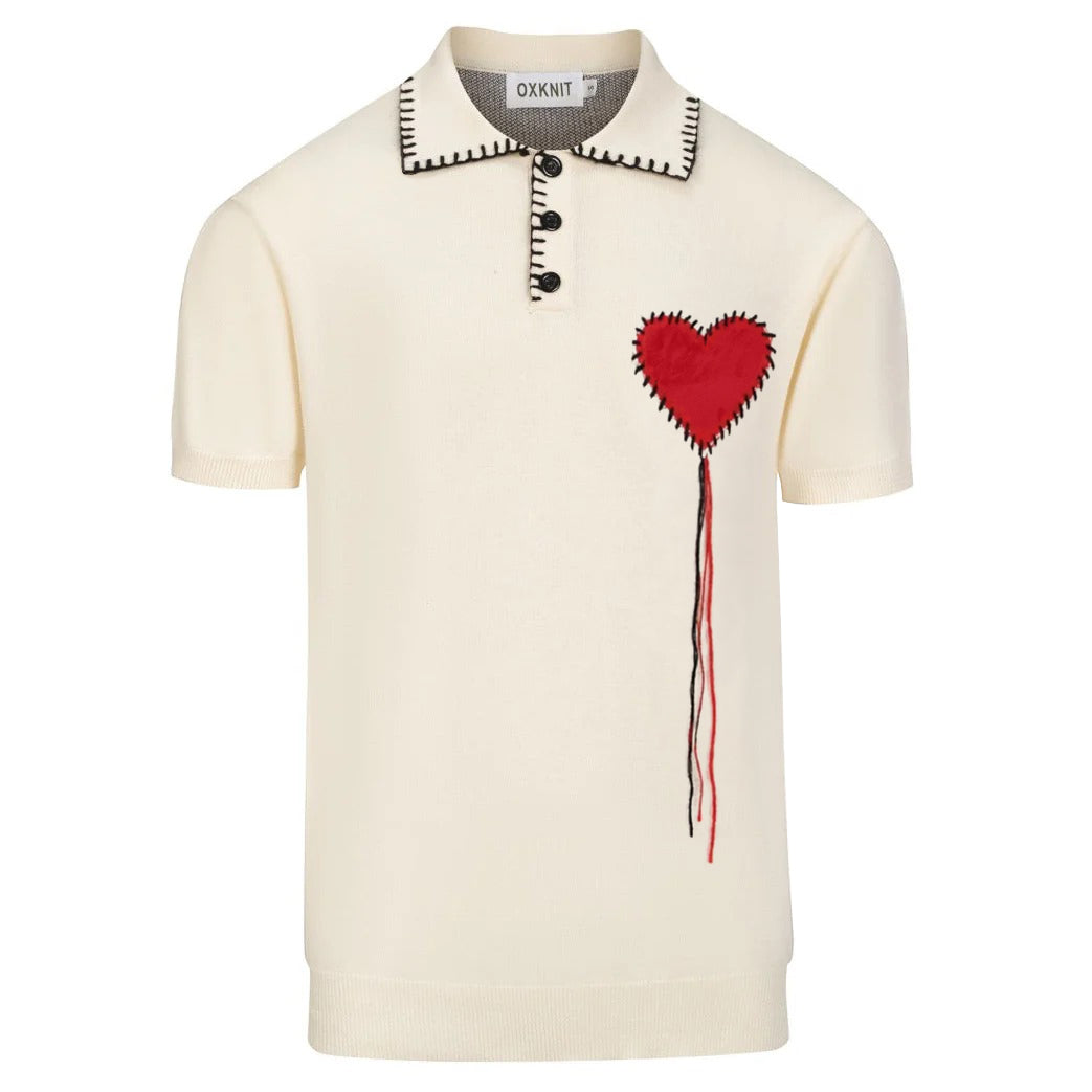 Men's Apricot Retro Heart Embroidered Tassel Knit Polo Shirt – OXKnit