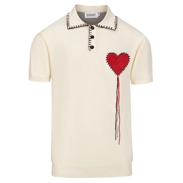 Men's Apricot Retro Heart Embroidered Tassel Knit Polo Shirt