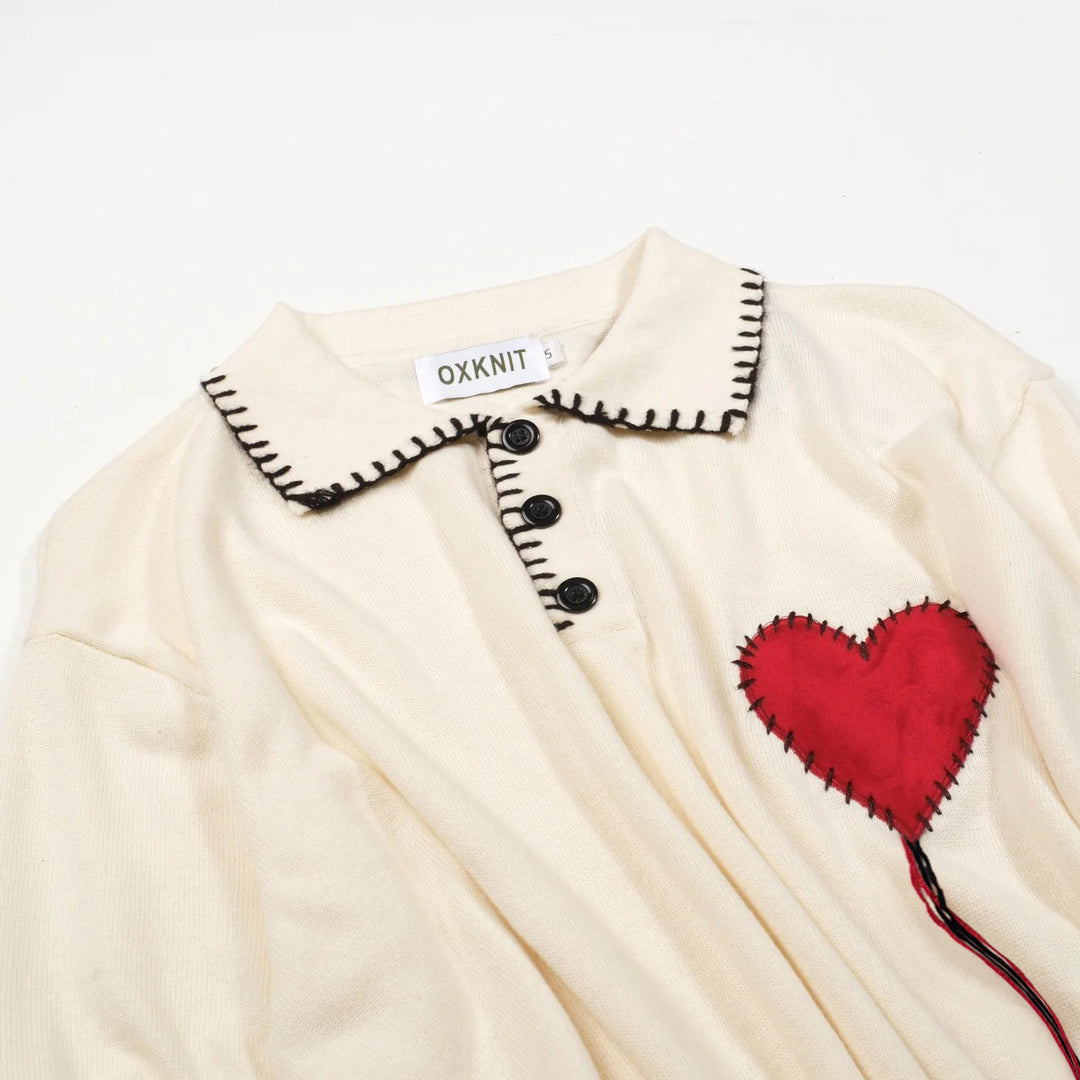 Men's Apricot Retro Heart Embroidered Tassel Knit Polo Shirt