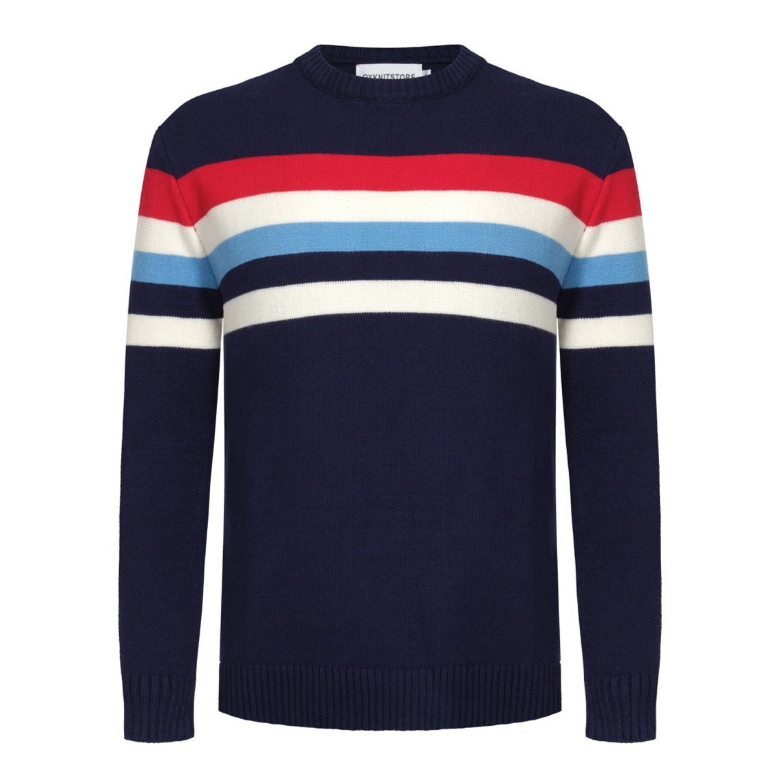Men's Navy Blue Knitted Sweater With Chest Stripe Design – OXKnit