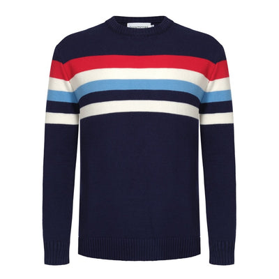 Men's Navy Blue Knitted Sweater With Chest Stripe Design