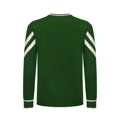 Men's Green Retro Knitted Sweater with White V Lines