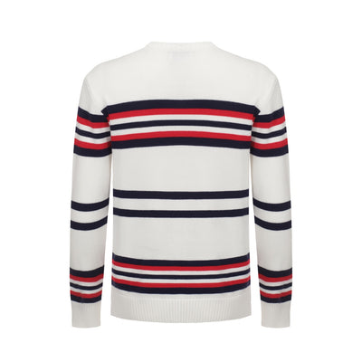 Men's White Retro Stripes Knitted Sweater with Red & Blue Lines