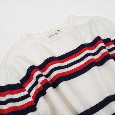 Men's White Retro Stripes Knitted Sweater with Red & Dark Blue Lines