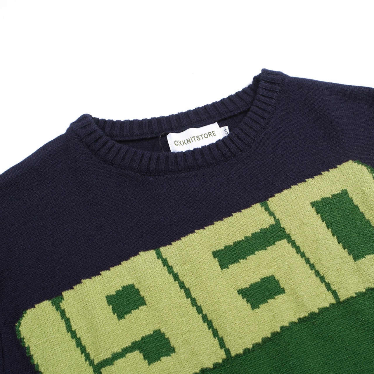 Men's Green 1960 Three-dimensional Characters Knitted Navy Blue Sweater