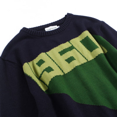 Men's Green 1960 Three-dimensional Characters Knitted Navy Blue Sweater