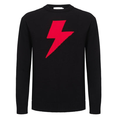 Men's Red Lightning Print Knitted Black Sweater