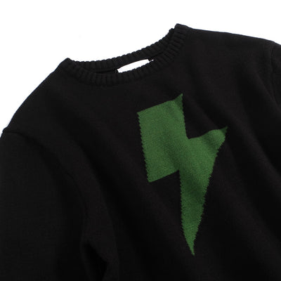 Men's Green Lightning Print Knitted Black Sweater