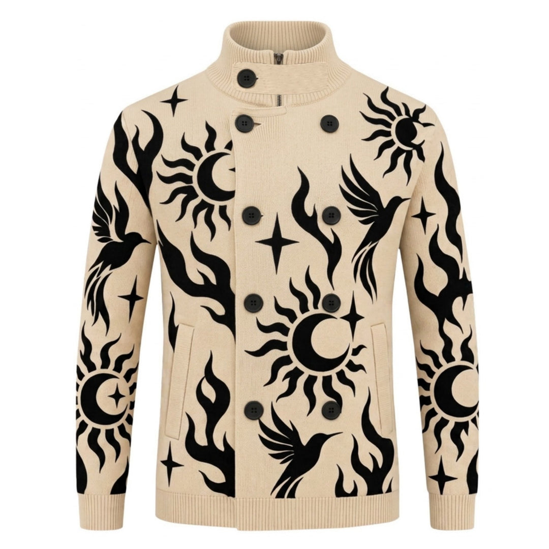 Men's beige knit cardigan with black sun and moon motifs, bird and flame graphics, a high collar, and a double-breasted button front.