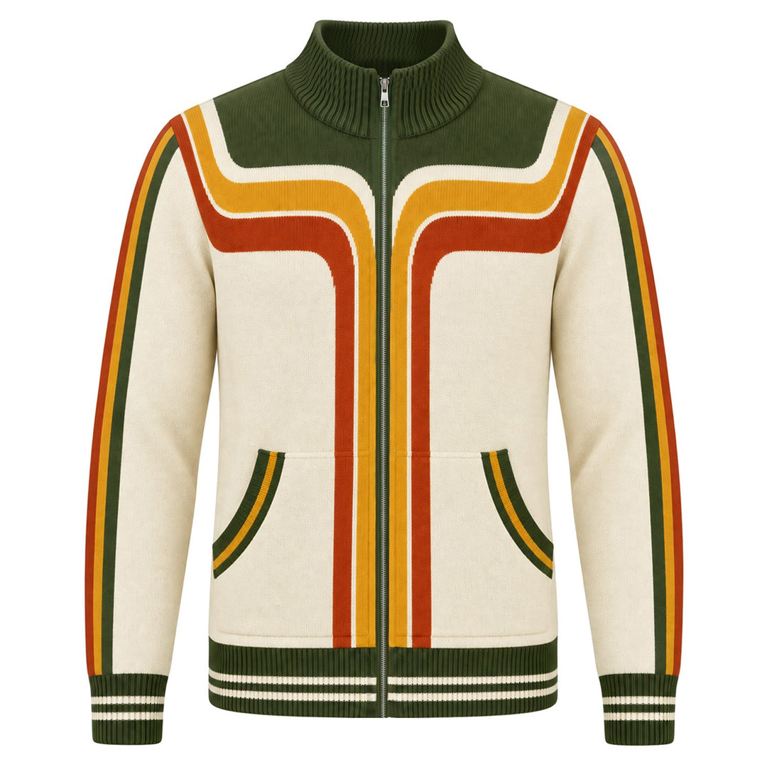 Men's beige knit cardigan with olive green trim, retro orange and yellow stripes, a stand collar, full zip front, and two front pockets.