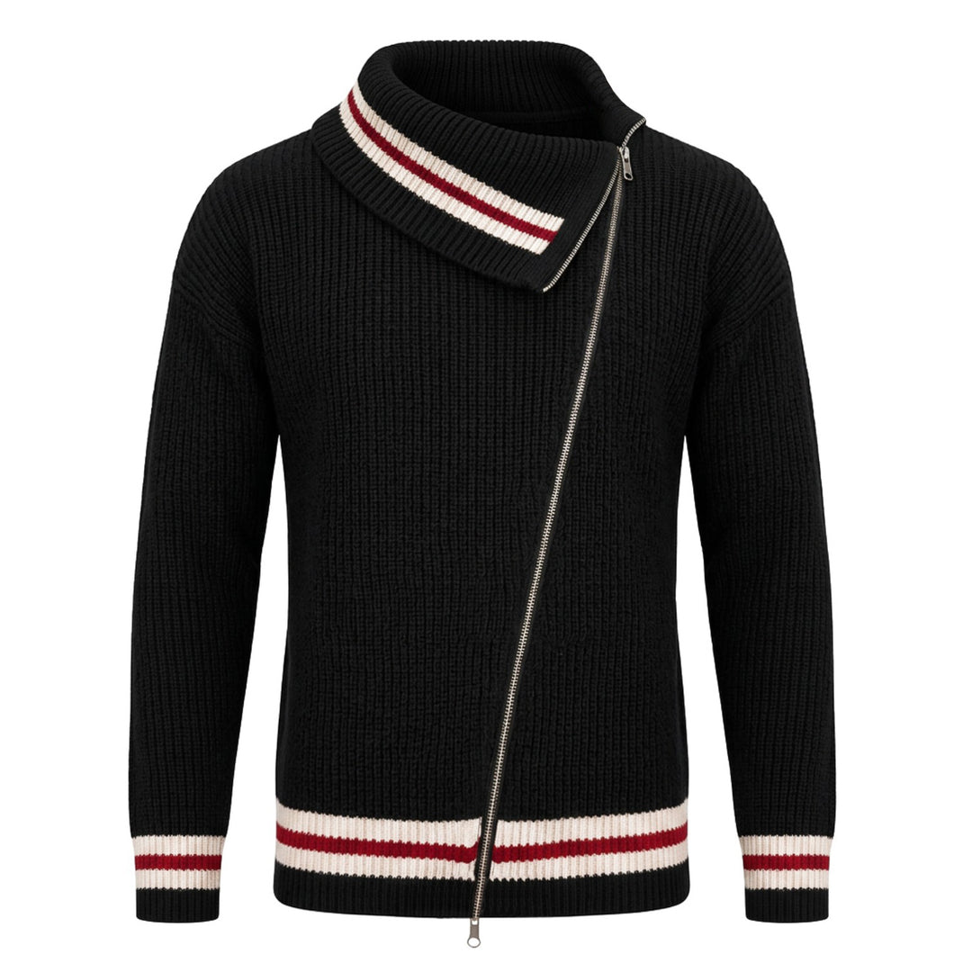 Men's black ribbed knit cardigan with an asymmetrical front zipper, wide shawl collar and red and white striped cuffs and hem.