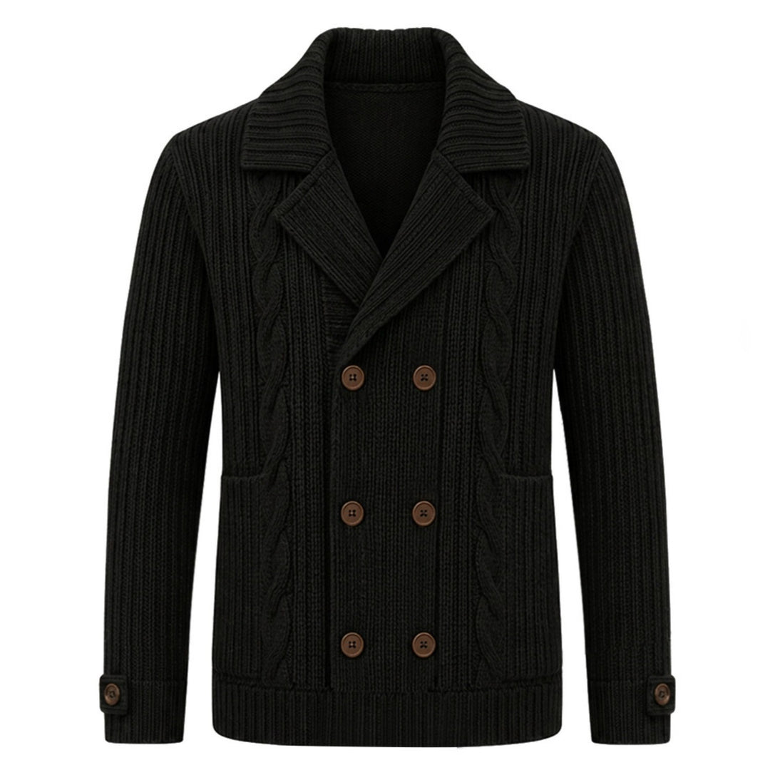 Men's black cable knit cardigan with a double-breasted front, brown buttons, notched lapel collar, front pockets and button-tab cuffs.