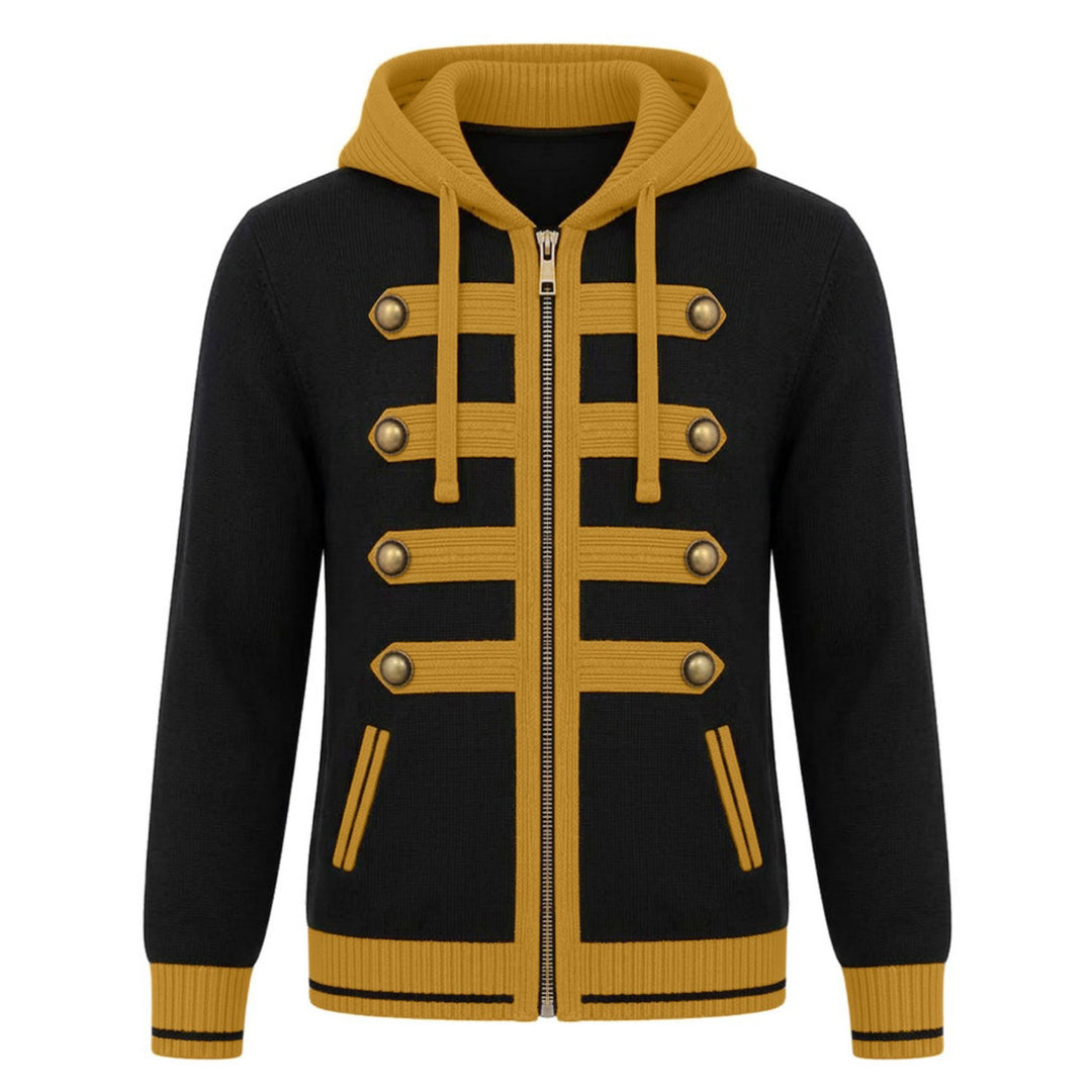 Men's black knit zip-up hoodie with gold military-inspired trim, decorative round buttons, and striped ribbed cuffs and hem.