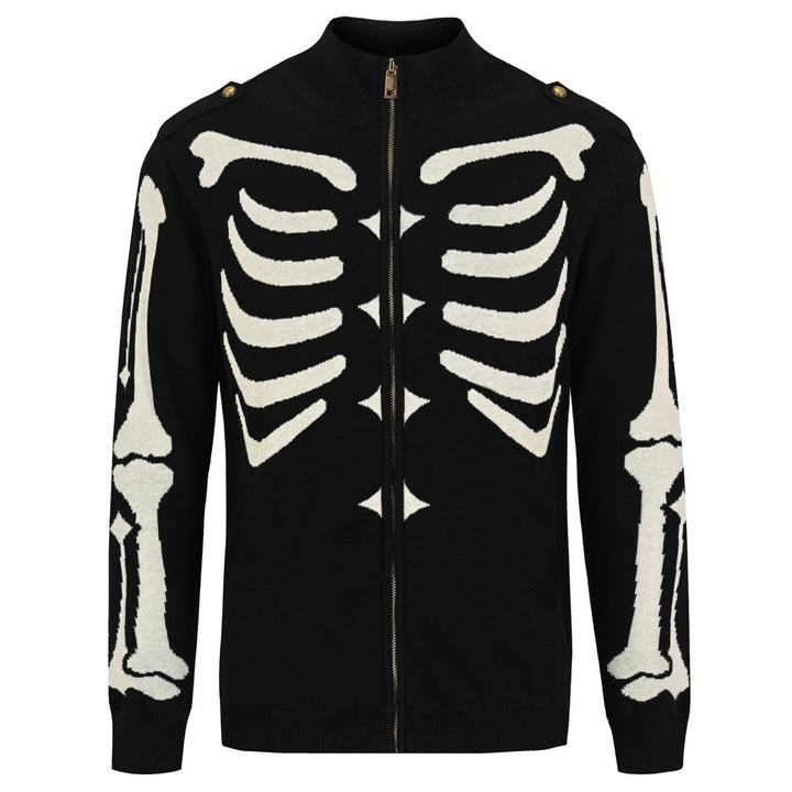 Men's black zip-up knit cardigan with an ivory skeleton bone graphic, a stand collar, and shoulder button details.