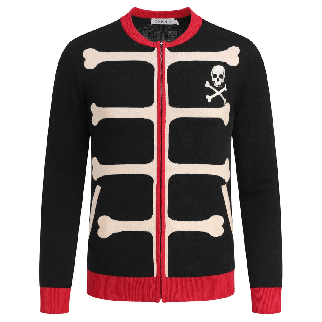Men's black zip-up knit cardigan with a cream skull and crossbones bone motif, red ribbed collar, cuffs and hem.