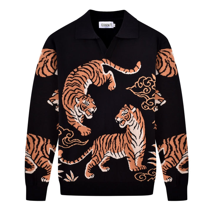 Men's black long sleeve jacquard knit polo sweater featuring orange tiger motifs and decorative cloud patterns.