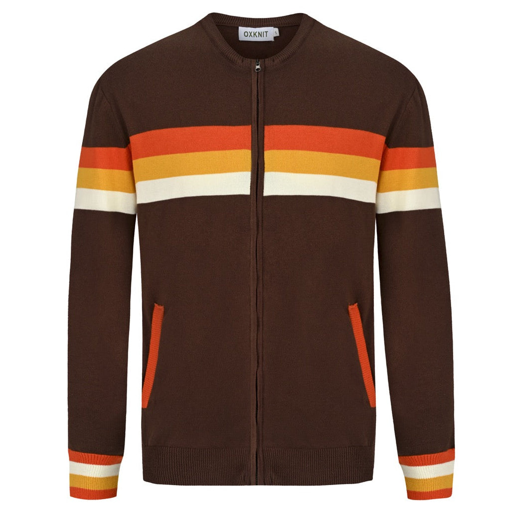 Men's brown zip-up knit cardigan with retro orange, yellow, and cream horizontal stripes, side pockets, and striped ribbed cuffs.