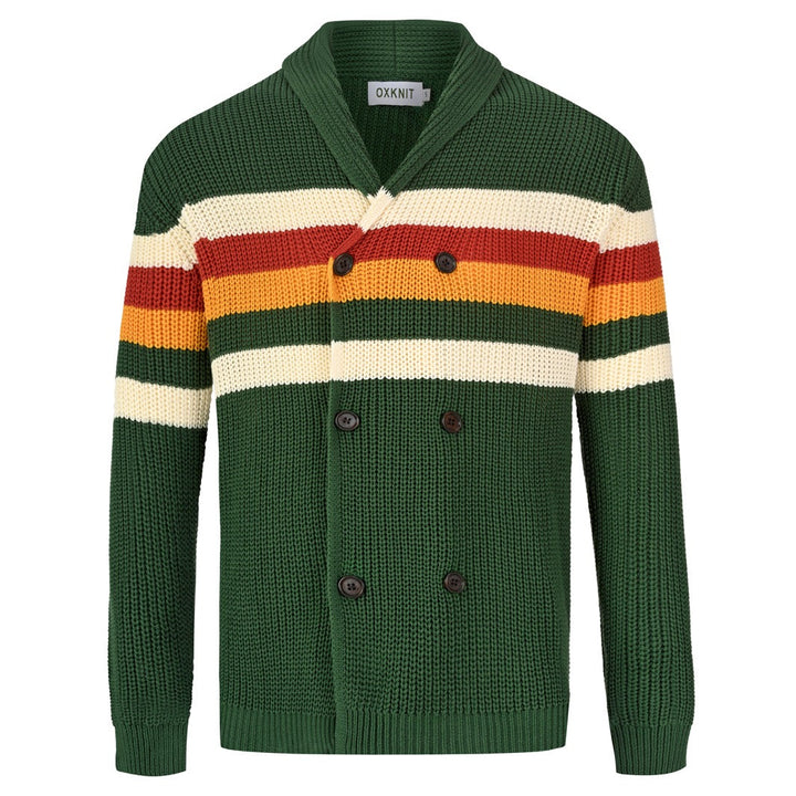 Men's dark green knit cardigan with multicolor horizontal stripes, a shawl collar, and a double-breasted button front.