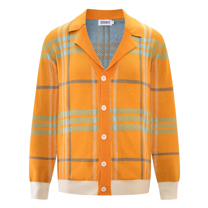 Men's mustard yellow plaid knit cardigan with blue and cream checks, a classic notched collar, long sleeves, and a button front.
